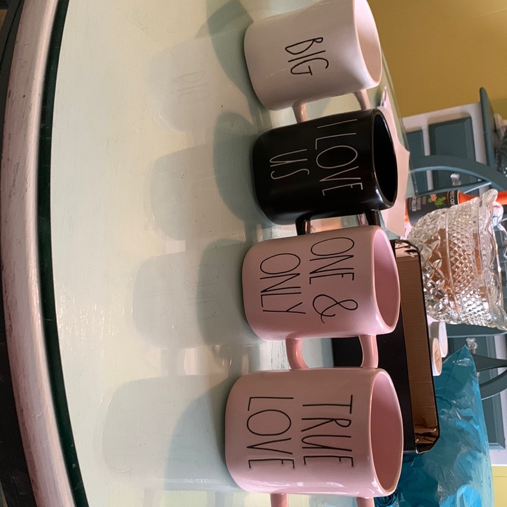 RAE DUNN coffee mugs cups. 1 black, 1 white, 1 pink.  NWOT 40.00 for all